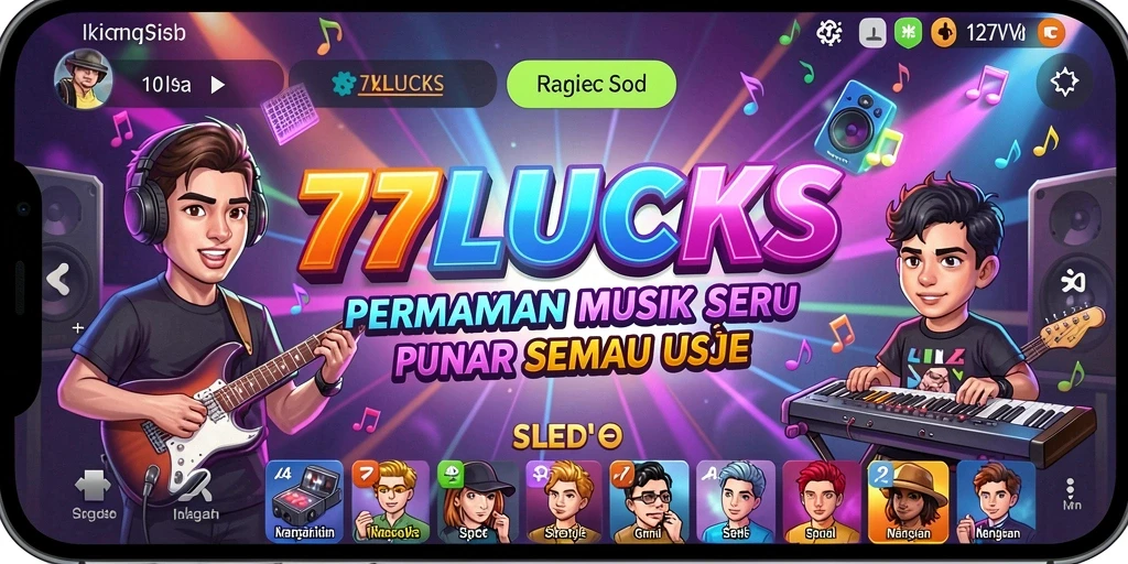 Tampilan permainan 77LUCKS dengan alat musik virtual yang interaktif.