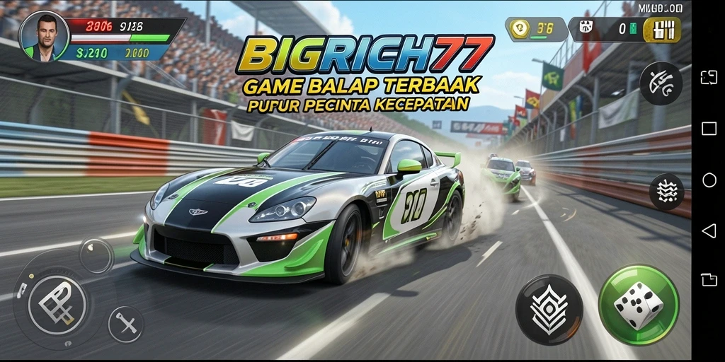 Screenshot gameplay <strong>BIGRICH77</strong> menampilkan balapan mendebarkan di lintasan urban.