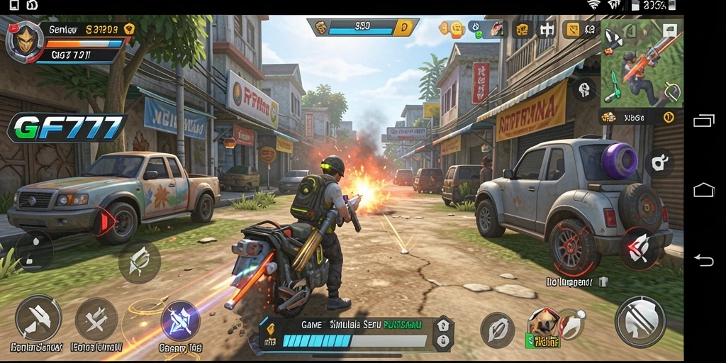 Screenshot utama GF777 menunjukkan gameplay simulasi yang interaktif.