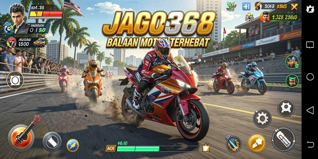 Screenshot gameplay JAGO368 menampilkan aksi balap motor yang mendebarkan.