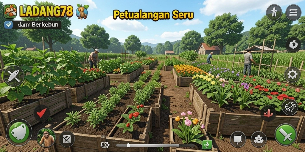 Tampilan gameplay <strong>LADANG78</strong> dengan ladang yang subur dan beragam tanaman.