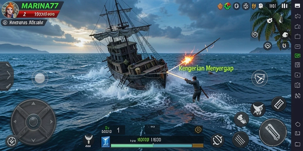 Tampilan menegangkan gameplay horor MARINA77 di tengah lautan.