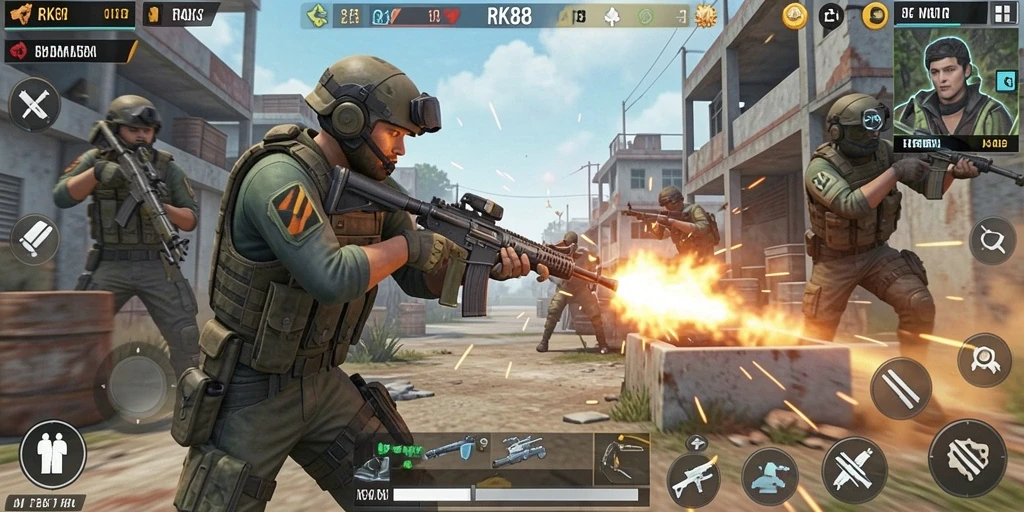 Tampilan gameplay seru dari RK88 saat bertempur di medan perang.